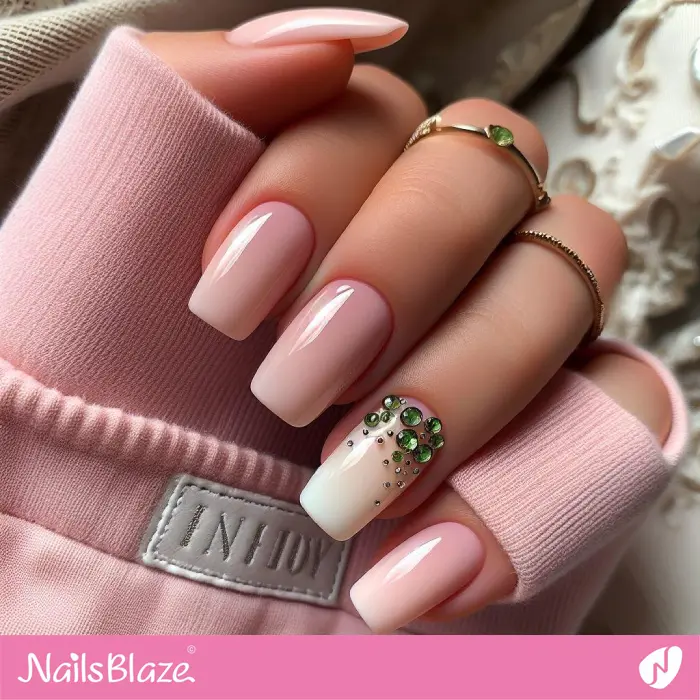 Soft Baby Boomer Nails with Green Rhinestones | Classy Nails - NB4222